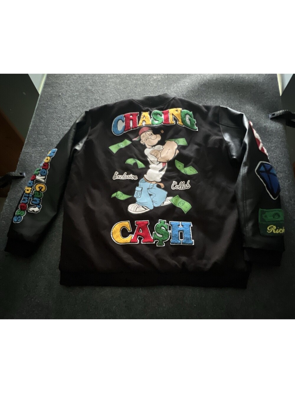 Reason Clothing X Popeye Mens XXL Varsity Bomber Jacket Chasing Cash Patches EUC - Picture 2 of 11